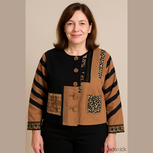 Parsley & Sage Brown Black Patchwork Animal Print Artsy Boho Cropped Jacket S